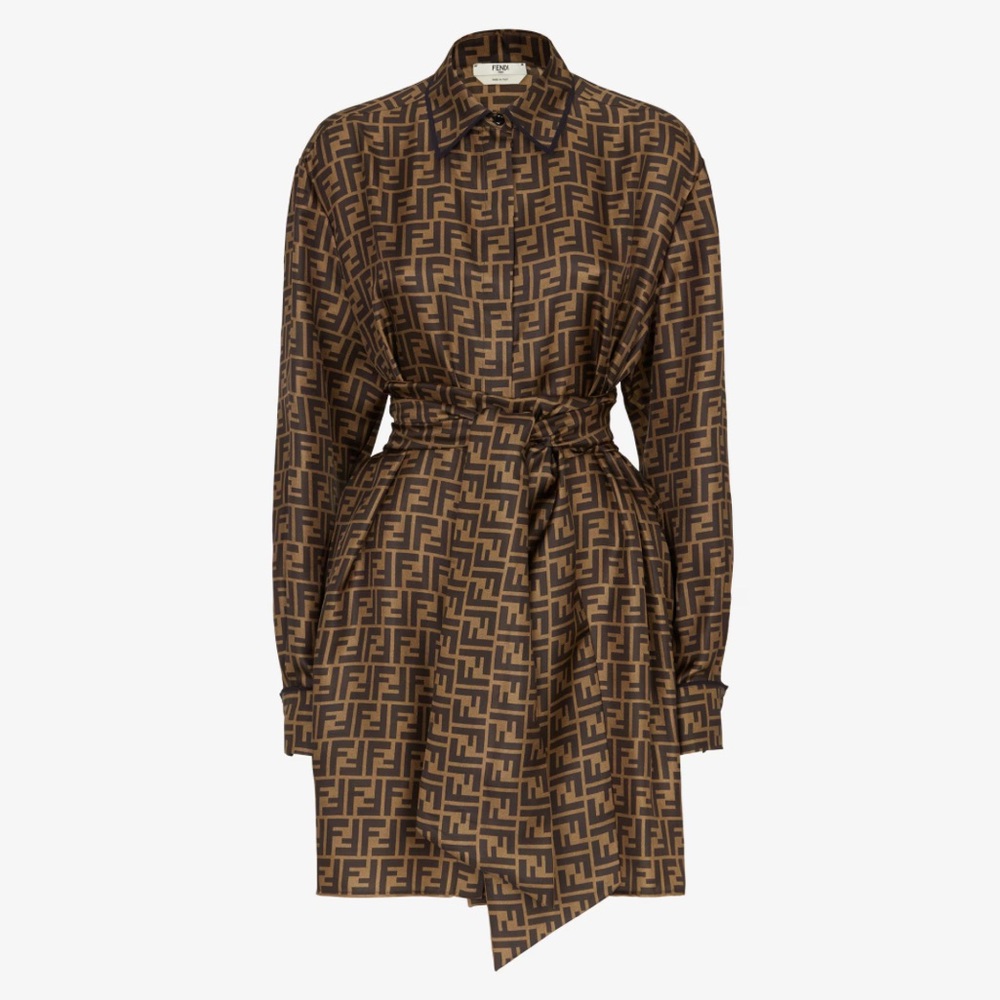 Fendi Brown Twill Monogram Timeless Silk Tie/Wrap Shirt Dress Size IT 36 US 0